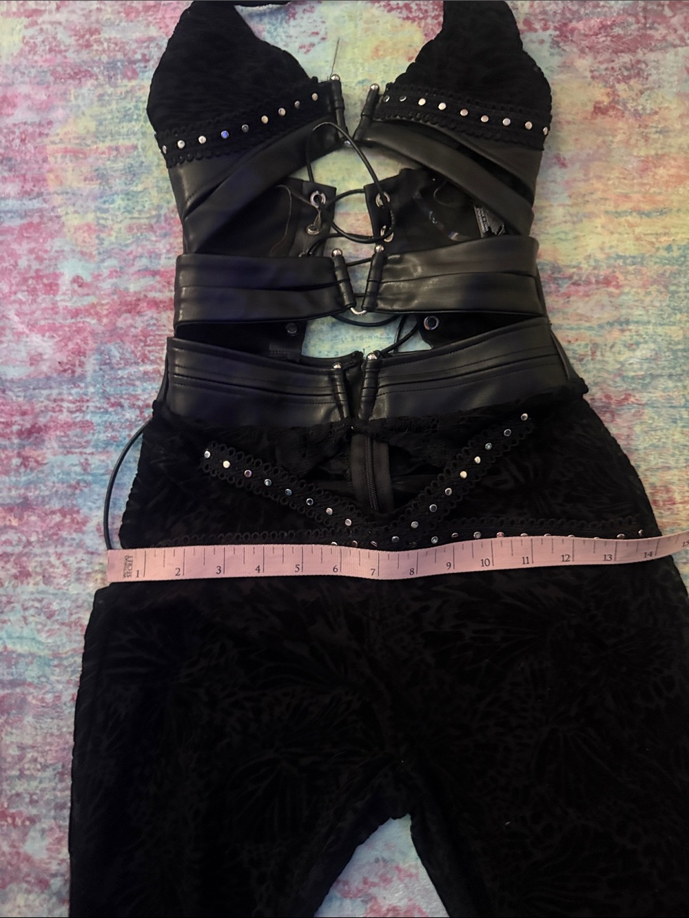 Fashion Nova Black Lace & Faux-Leather Halter Jumpsuit with Studs - Picture 6 of 8